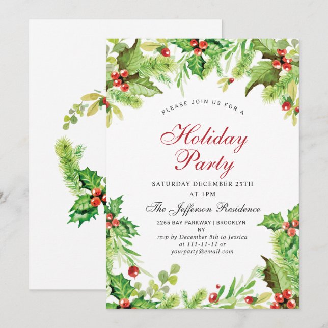 Red Holly Berry Mistletoe Christmas Holiday Party Invitation (Front/Back)
