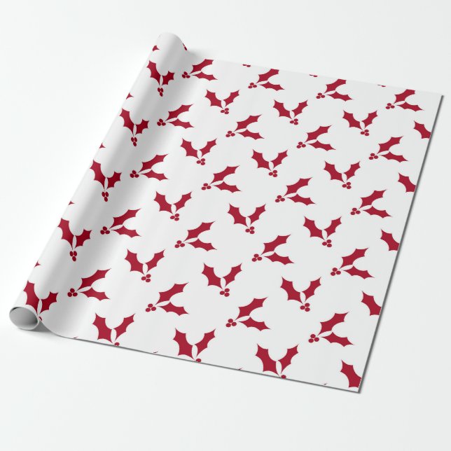 Red Holly Berry Pattern Wrapping Paper (Unrolled)
