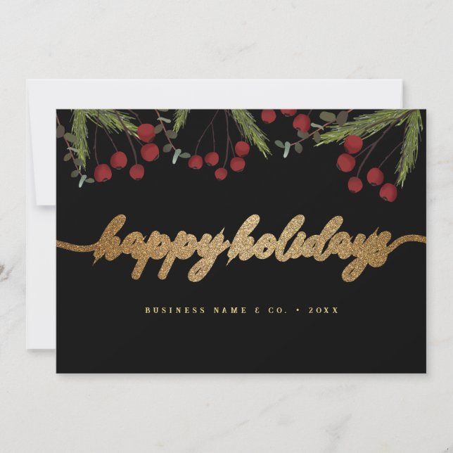 Red Holly Black & Gold Corporate Happy Holidays Holiday Card (Front)