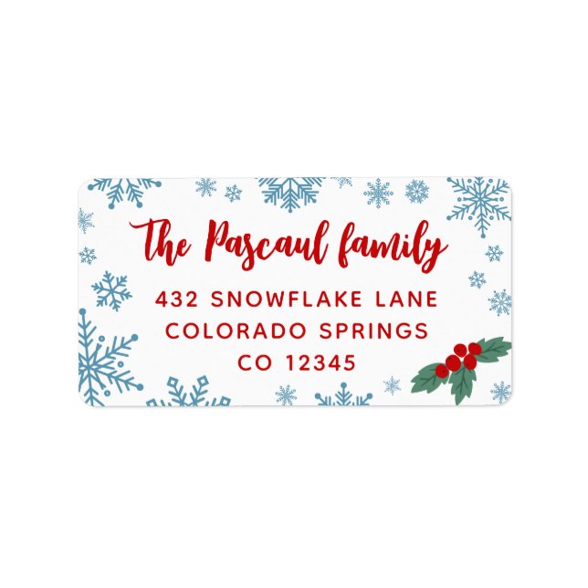 Red Holly Blue Snowflakes Christmas Return Label (Front)