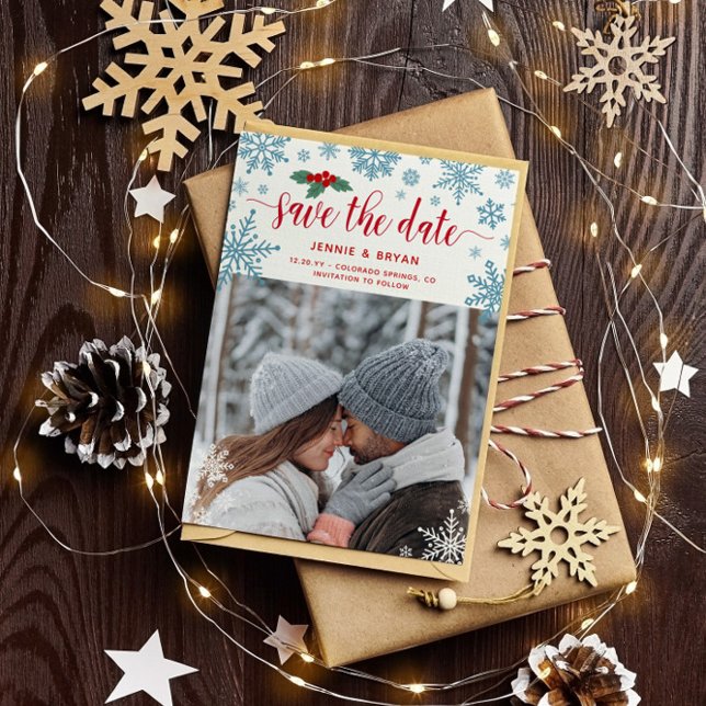 Red Holly Blue Snowflakes Photo Christmas Wedding Save The Date (Creator Uploaded)