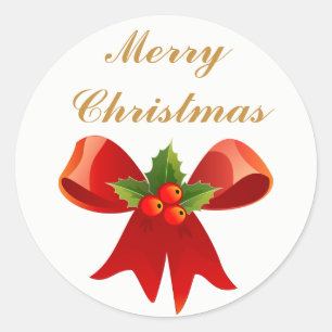 Red Holly Bow Merry Christmas or Happy Holidays Classic Round Sticker