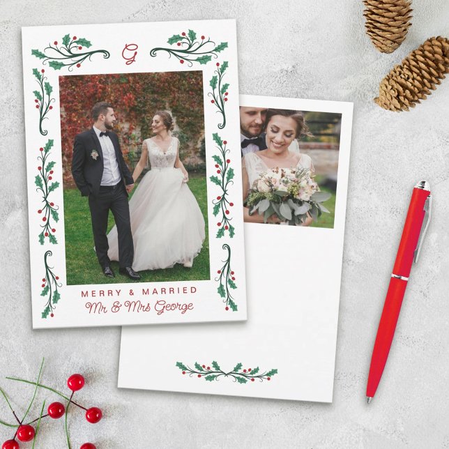 Red Holly Frame Merry & Married Christmas Photos Holiday Card (Creator Uploaded)