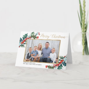 Red holly gold greenery Merry Christmas photo card