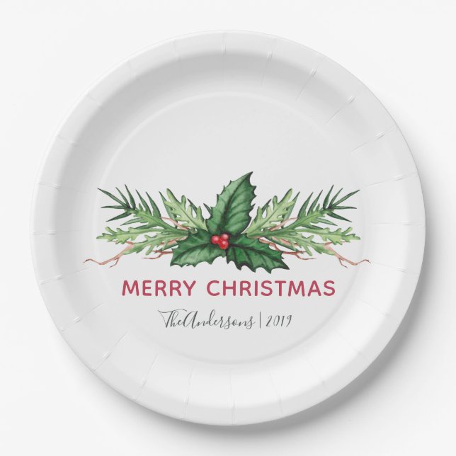 Red Holly Leaves Bouquet Christmas Holiday Paper Plate (Front)