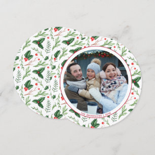 Red Holly Leaves Christmas Family Photo Holiday Invitation