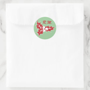 Red Holly Leaves Custom Initials Holiday Sticker