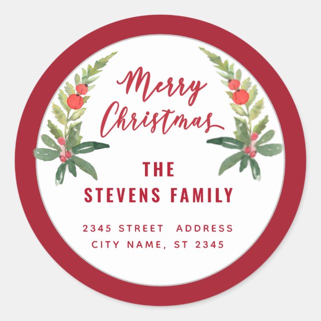 Red holly  modern script Merry Christmas Classic R Round Sticker (Front)