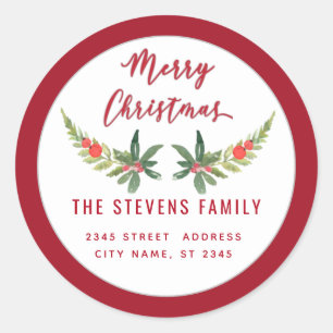 Red holly modern script Merry Christmas Classic Round Sticker
