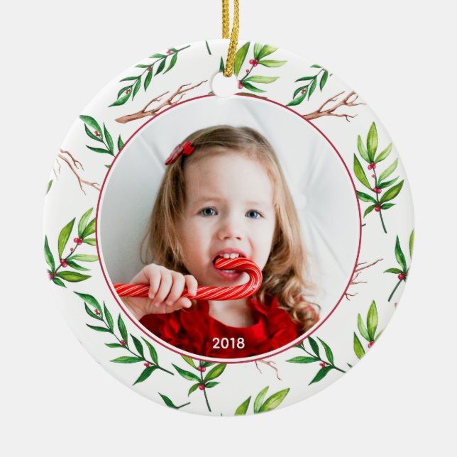 Red Holly Pattern Christmas Photo Holiday Ceramic Tree Decoration (Front)