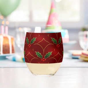 Red Holly Pattern – Elegant Christmas Style Stemless Wine Glass