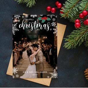 Red Holly Snowflakes 1st Christmas Wedding Photo Holiday Card
