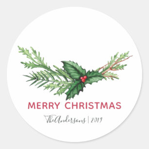 Red Holly Watercolor Bouquet Christmas Holiday Classic Round Sticker