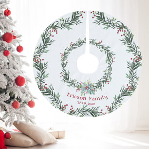 Red Holly with Green Wreath, Festive, Family Name Brushed Polyester Tree Skirt