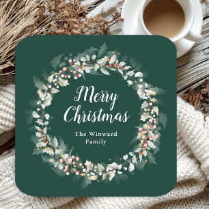 Red Holly Wreath Merry Christmas Square Paper Coaster