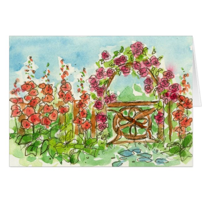 Red Hollyhock Watercolor Flowers Garden Gate Blank (Front Horizontal)