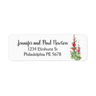 Red hollyhock wit light blue return address label