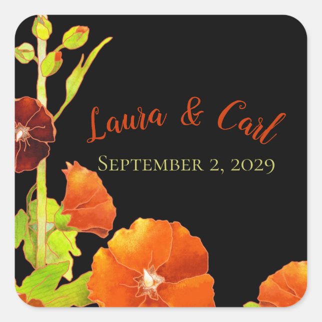 Red Hollyhocks Wedding Favour Square Sticker (Front)