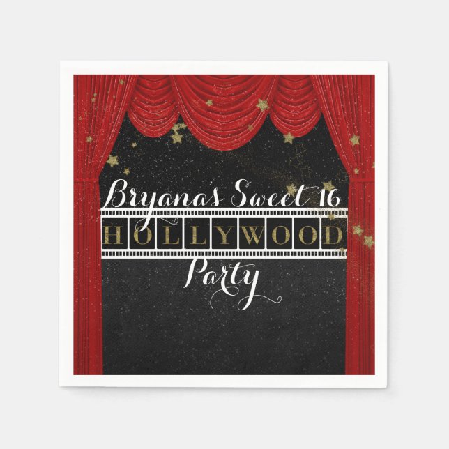 Red HOLLYWOOD Curtains & Gold Party Custom Napkin (Front)