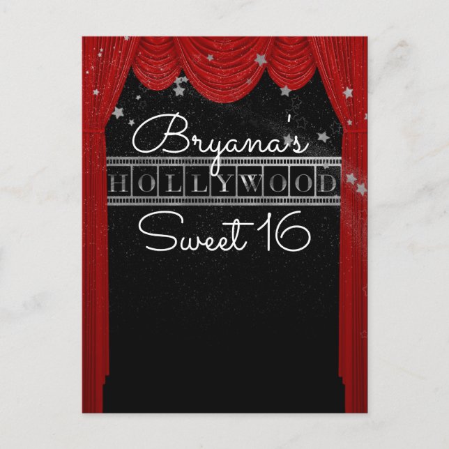Red HOLLYWOOD Curtains & Silver Star Save the Date Announcement Postcard (Front)