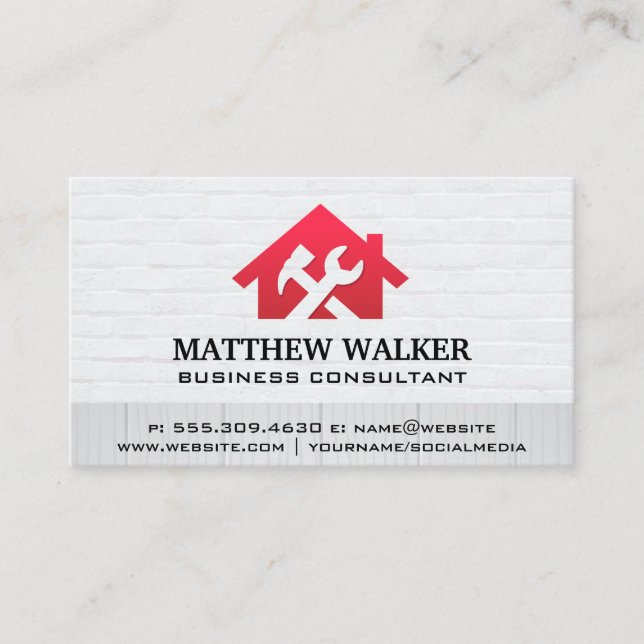 Red Home Wrench Logo | Home Repair Services Business Card (Front)