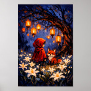 Red Hood Girl with Fox in Lantern Forest Oil Paint Poster