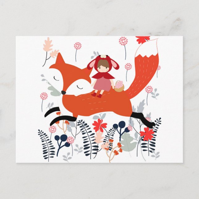 Red hood riding girl and fox in flower garden postcard (Front)
