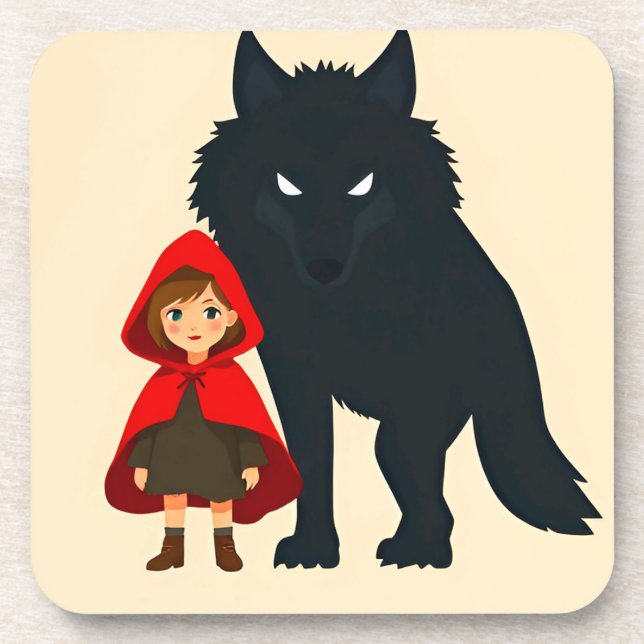 Red Hooded Figure Facing Majestic Wolf Coaster (Front)