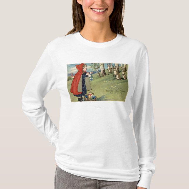 Red Hooded Girl Handing Eggs to Rabbits T-Shirt (Front)