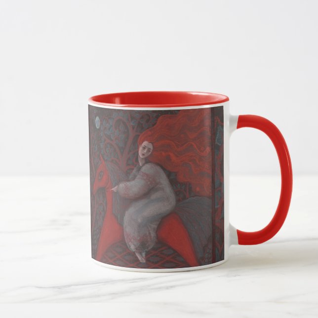 “Red Horse”, ginger woman, folk art, earth shades Mug (Right)