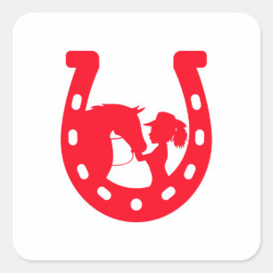 Red Horseshoe Girl and Horse Square Sticker