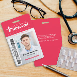 Red Hospital ID Badge with Photo & Barcode