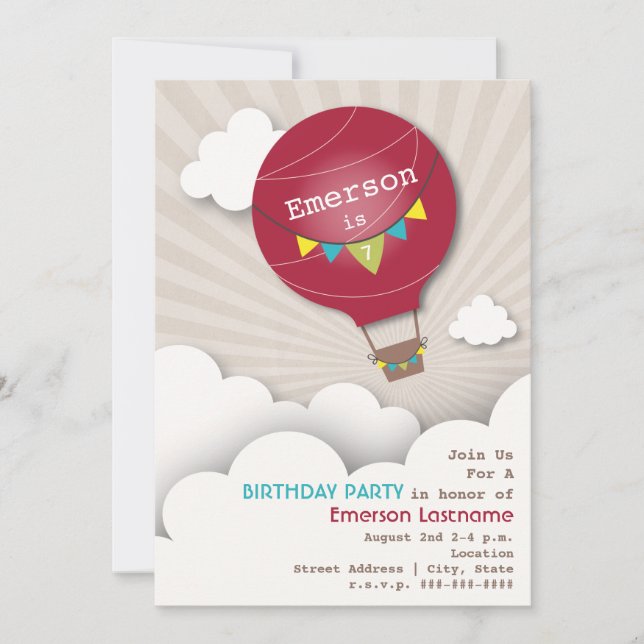 Red Hot Air Balloon & Clouds Kids' Birthday Invitation (Front)