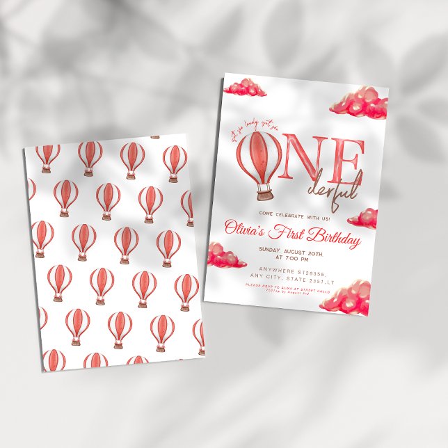 Red Hot Air Balloon Isn't She Onederful Birthday Invitation (Creator Uploaded)