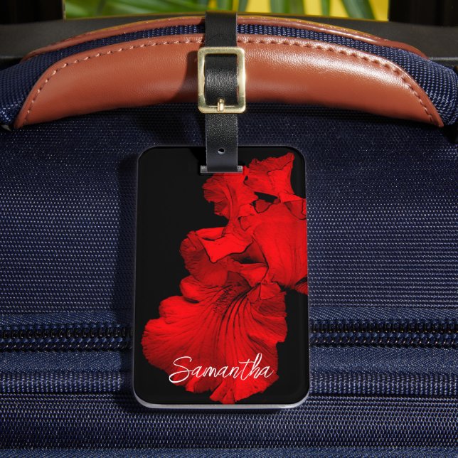 Red Hot Bearded Iris Flower Personalised Luggage Tag (Front Insitu 2)
