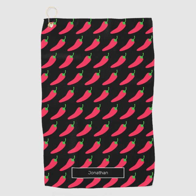 Red Hot Chilli Pattern Add Your Name Fun Novelty Golf Towel (Front)