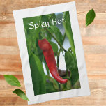 Red Hot Chilli Pepper Spicy Hot Customisable Tea Towel<br><div class="desc">These kitchen towels in the colours of the Italian Flag,  green,  white and red,  feature the photographic image of a red hot chilli pepper against green leaves on the white towel.  The text is customisable for a Name or your own text.
This is original garden photography by JLW_PHOTOGRAPHY.</div>