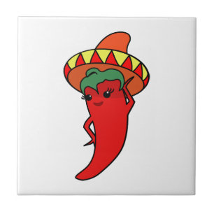 Red Hot Kawaii Pepper Diva Mexican Sombrero Tile