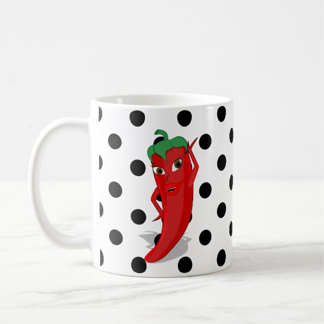 Red Hot Pepper Diva Black Polka Dots Coffee Mug (Left)