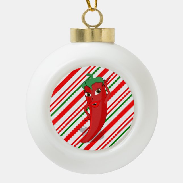 Red Hot Pepper Diva Candy Cane  Ceramic Ball Christmas Ornament (Front)