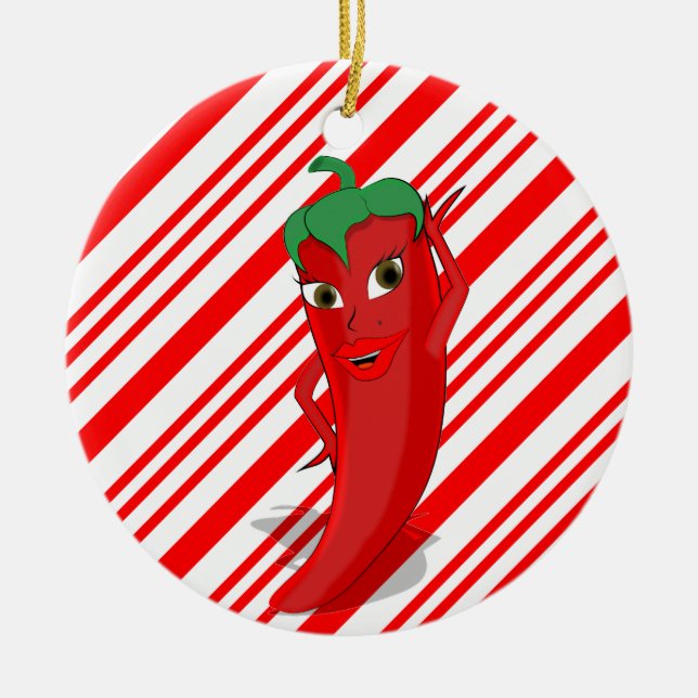 Red Hot Pepper Diva Candy Cane Ceramic Ornament (Front)
