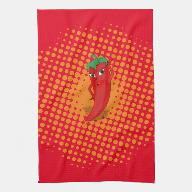 Red Hot Pepper Diva Orange Dots  Tea Towel (Vertical)