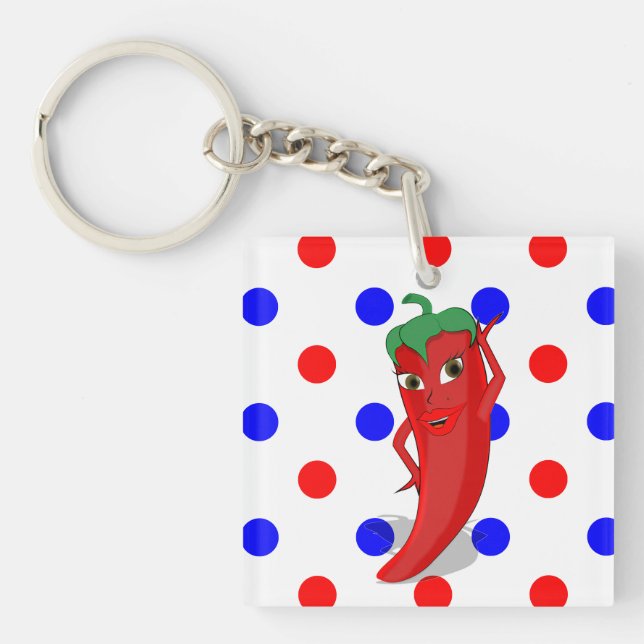 Red Hot Pepper Diva Red Blue Polka Dots Key Ring (Front)