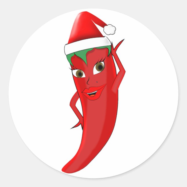 Red Hot Pepper Diva With Santas Hat Classic Round Sticker (Front)