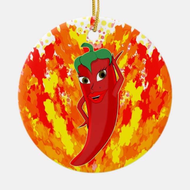 Red Hot Pepper Fire Flames  Ceramic Tree Decoration (Front)