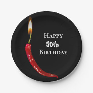 red hot pepper with candle flame 50th birthday paper plate
