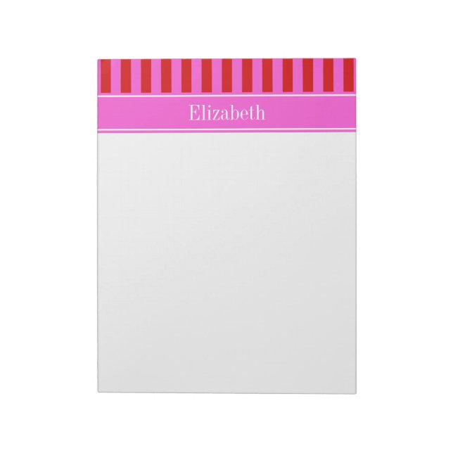 Red, Hot Pink Stripe Hot Pink Name Monogram Notepad (Rotated)