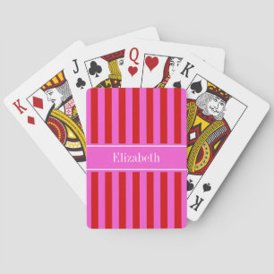 Red, Hot Pink Stripe Hot Pink Name Monogram Playing Cards