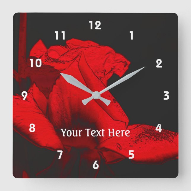 Red Hot Rosebud Flower Art Square Wall Clock (Front)
