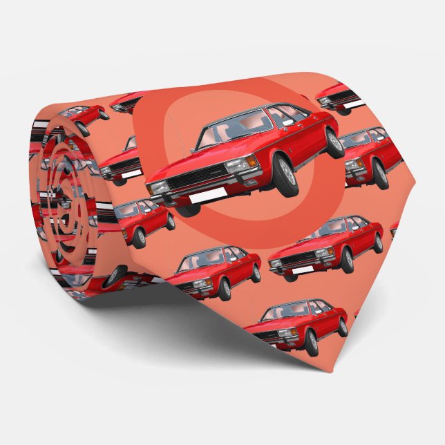 Red Hotrod 1970s Car Pattern Tie (Rolled)